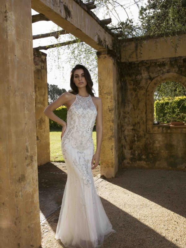 JUPITER E713 LOW CROSS BACK EMBELLISHED BEADED SATIN TULLE FULL LENGTH FORMAL GOWN