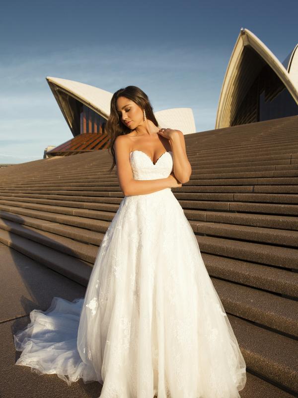 M1821Z Penn strapless sweetheart cathedral train lace tulle wedding dress mia solano luv bridal australia