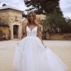 ETTA ML2918 LOW BACK SHOE STRING STRAP V NECK PLUNGE TULLE AND FLORAL LACE LONG TRAIN A LINE BALL GOWN WEDDING DRESS MADI LANE LUV BRIDAL 12