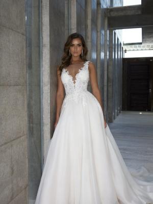 M1815 PATIENCE MIA SOLANO SHEER BEADED BODICE ORGANZA FULL SKIRT ILLUSION NECKLINE WEDDING DRESS LUV BRIDAL
