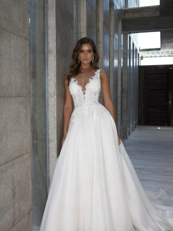 M1815 PATIENCE MIA SOLANO SHEER BEADED BODICE ORGANZA FULL SKIRT ILLUSION NECKLINE WEDDING DRESS LUV BRIDAL