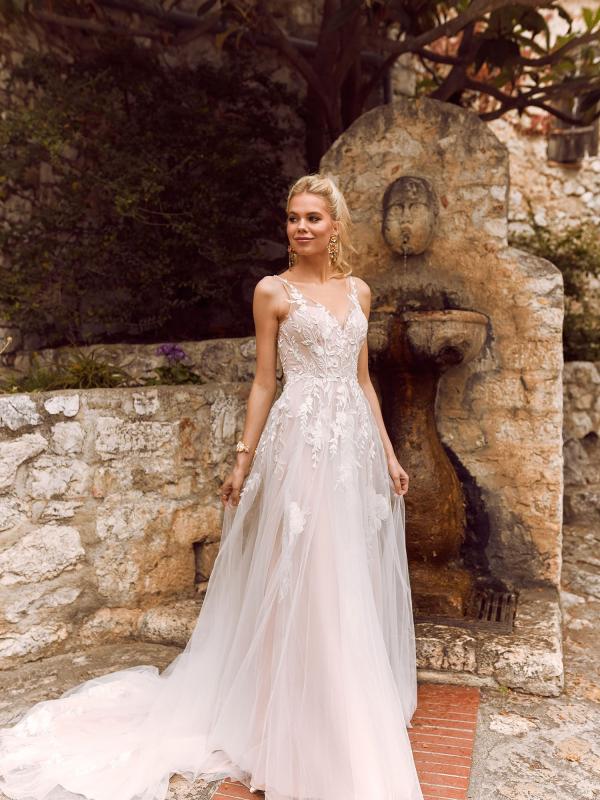 Halani V-Neckline Gown with Tulle and Lace Straps Fitted Bodice and Floaty Tulle Skirt Low Back with Zipper Wedding Dress