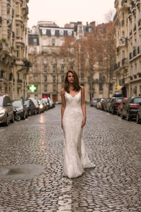 INDIRA ML9019 Full Lace Fitted Gown with V-Neckline Spaghetti Straps and Low Back Wedding Dress