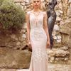 Hunter Fitted Lace Gown with Plunging Neckline Spaghetti Straps Low Back and Zipper Wedding Dress