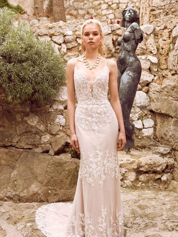 Hunter Fitted Lace Gown with Plunging Neckline Spaghetti Straps Low Back and Zipper Wedding Dress