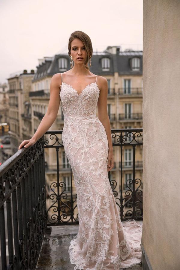 Izabel ML6419 Full Lace Fitted Gown with Seetheart Neckline Spaghetti Straps and Zip-up Back Wedding Dress