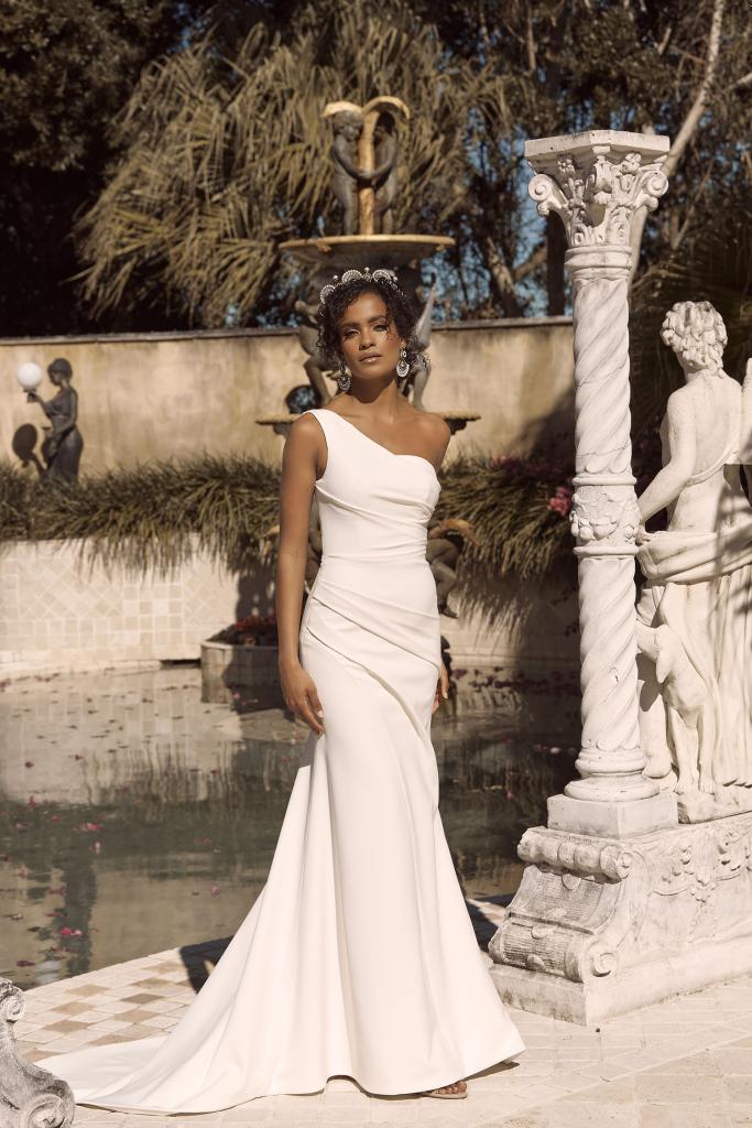 one shoulder fit and flare wedding dress LaDivine CD986WC One-Shoulder Ruched Plus Size Bridal Dress