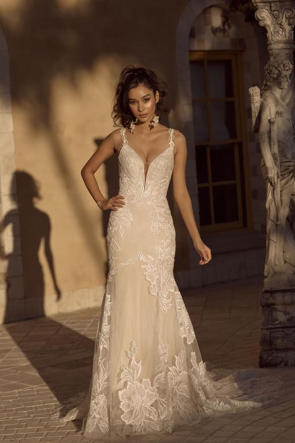 BLAIR ML19017GT FULL LENGTH FIT FLARE SILHOUETTE LOW PLUNGING V NECKLINE WITH EMBROIDERED SEQUINED LACE AND MIRROR BACK FINISH WEDDING DRESS MADI LANE BRIDAL3
