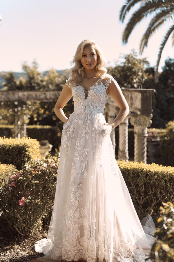 BLOSSOM ML19119 FULL LENGTH EMBROIDERED FLORAL LACE GOWN WITH A PLUNGE V NECKLINE AND ILLUSION BACK FINISH WEDDING DRESS MADI LANE BRIDAL5
