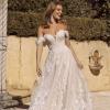 BRIELLE ML19255 FULL LENGTH A-LINE SILHOUETTE PLUNGING NECKLINE EMBROIDERED FLORAL LACE WITH DETACHABLE SHOULDER STRAPS AND TULLE CROSS OVER STRAPS FINISH WEDDING DRESS MADI LANE BRIDAL4