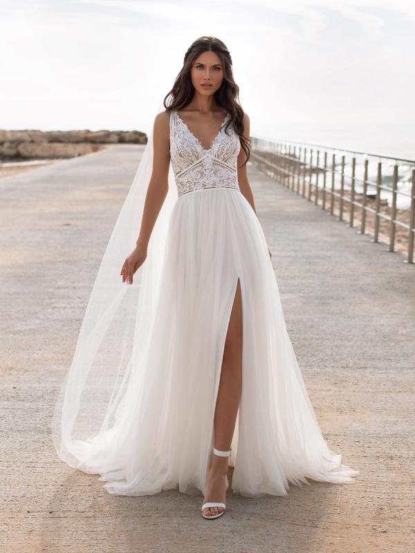 Charisse a-line wedding dress tulle full skirt with thigh high split