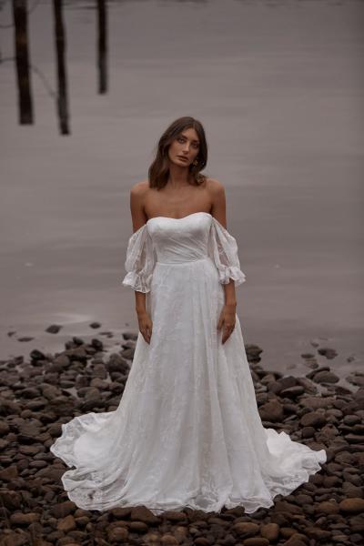 Carmi A Line Wedding Dress Tulip Sleeve by Madi Lane Bridal | LUV Bridal