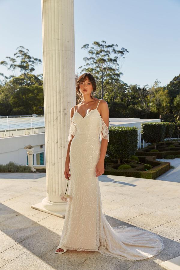 DALE ML22008 FULL LENGTH FITTED SEQUIN GOWN WITH THIN STRAPS AND DETACHABLE OFF SHOULDER SLEEVES LOW BACK ZIPPER CLOSURE WEDDING DRESS MADI LANE BRIDAL 1