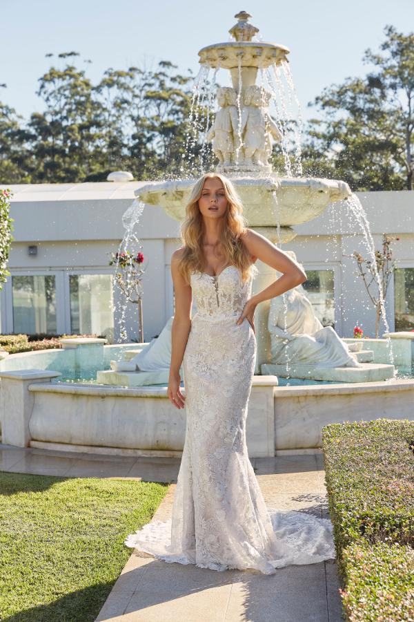 DENLEY ML22331 FULL LENGTH FITTED FLORAL LACE GOWN ILLUSION BODICE THIN STRAPS PLUNGING NECKLINE BUTTON AND ZIPPER CLOSURE WEDDING DRESS MADI LANE BRIDAL 1