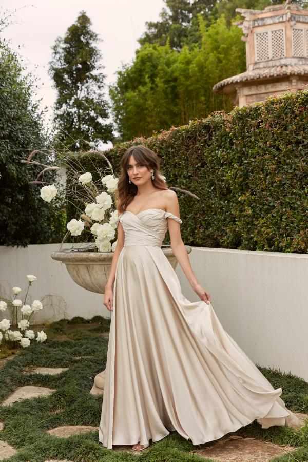 DIOR ML22034 FULL LENGTH CHIFFON ALINE GOWN WITH RUCHING AND OFF SHOULDER STRAPS ZIPPER CLOSURE WEDDING DRESS MADI LANE BRIDAL 1