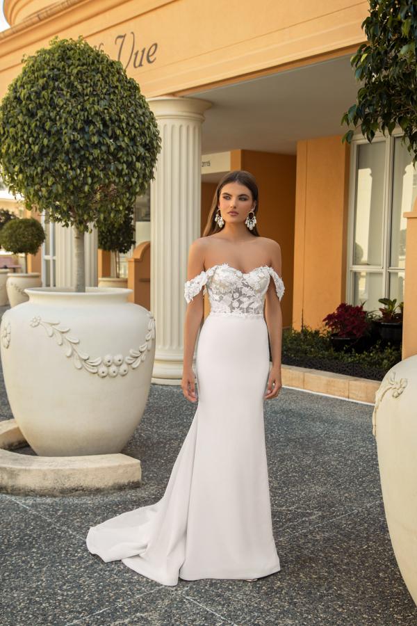ELORA-MAE ML19600 SOFT SCOOP NECKLINE FLORAL LACE BODICE GOWN WITH FITTED CREPE SKIRT AND DETACHABLE OFF SHOULDER STRAPS MATCHING VEIL WEDDING DRESS MADI LANE BRIDAL