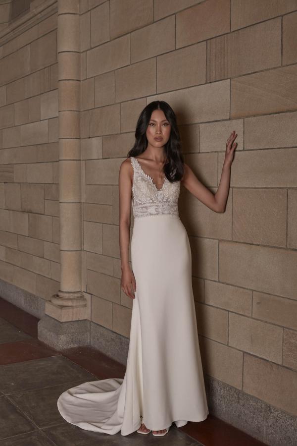 TULLY_EY318 EMBROIDERED LACE MOTIF WITH EUROPEAN CREPE FIT AND FLARE WEDDING DRESS WITH ILLUSION BODICE BACK ZIP EVIE YOUNG BRIDAL1