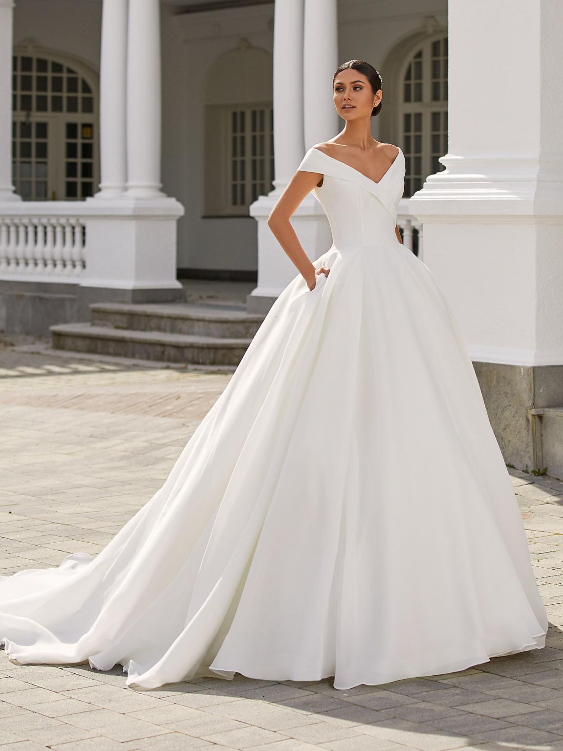 Farrah Off Shoulder Wedding Ball Gown by Pronovias | LUV Bridal