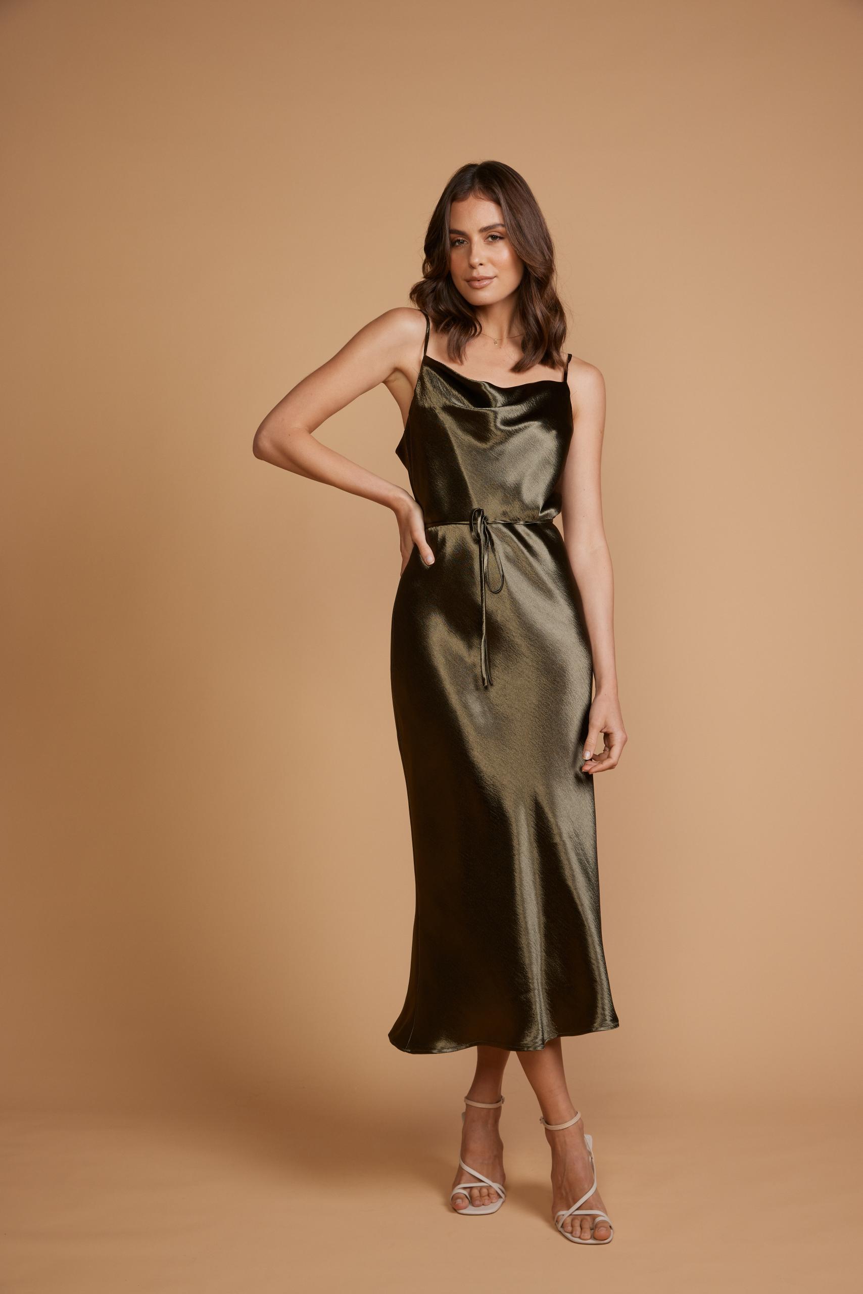 Mara Olive Midi Cowl Neck Slip Dress LUV Bridal