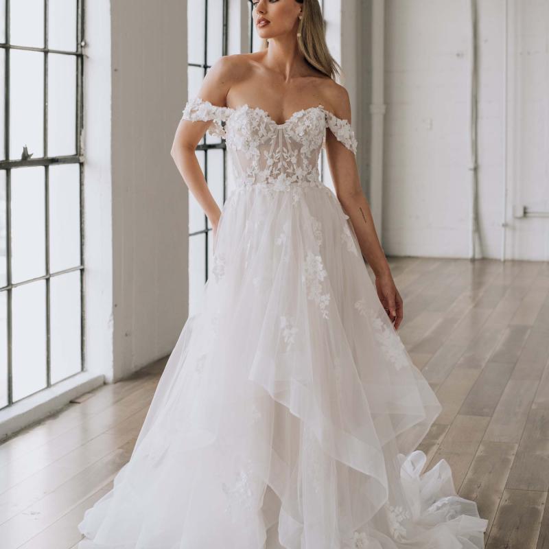 Jessica Off Shoulder Layered Lace Wedding Dress - Serene by Madi Lane ...