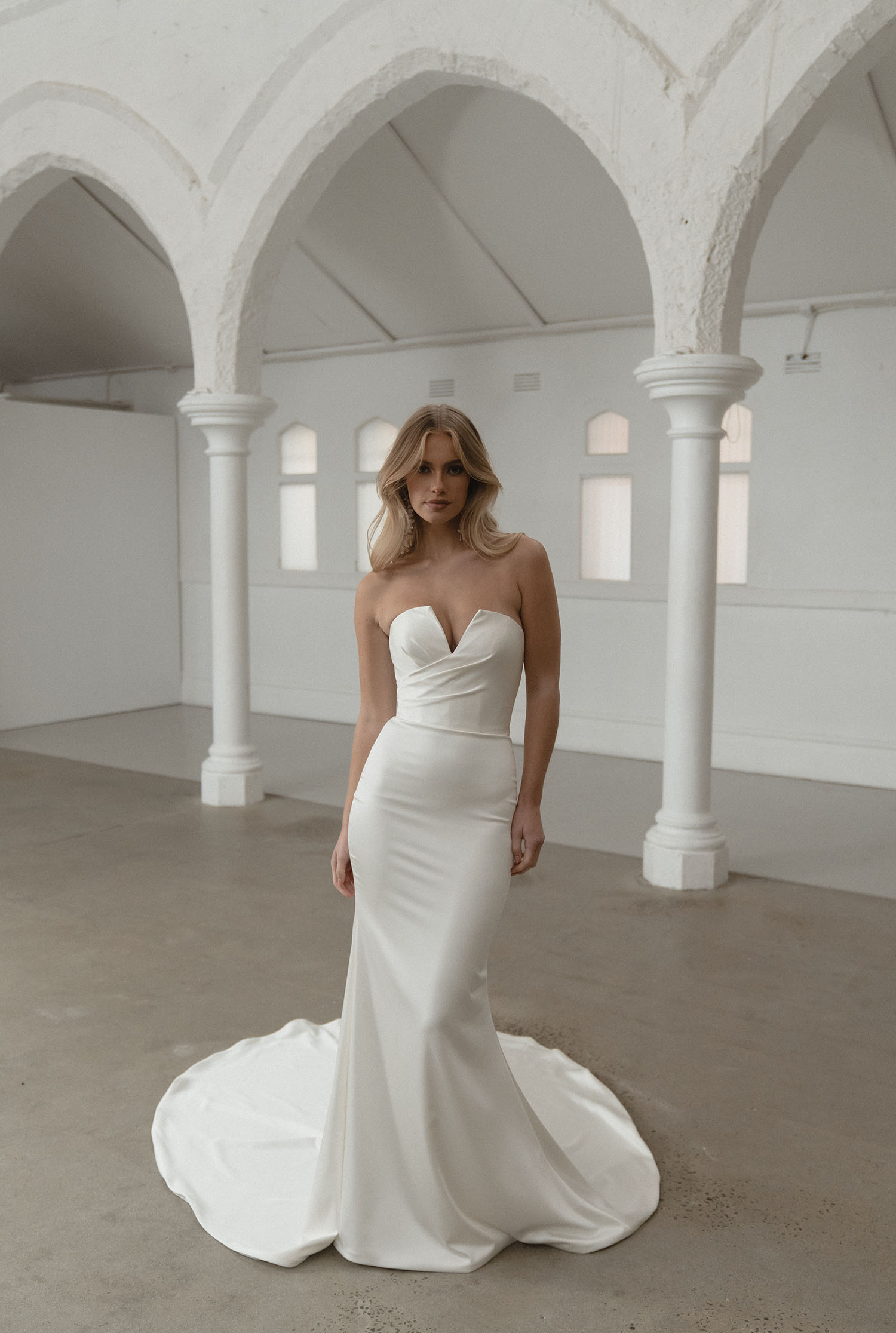 Silas Strapless V Neck Fit and Flare Wedding Dress