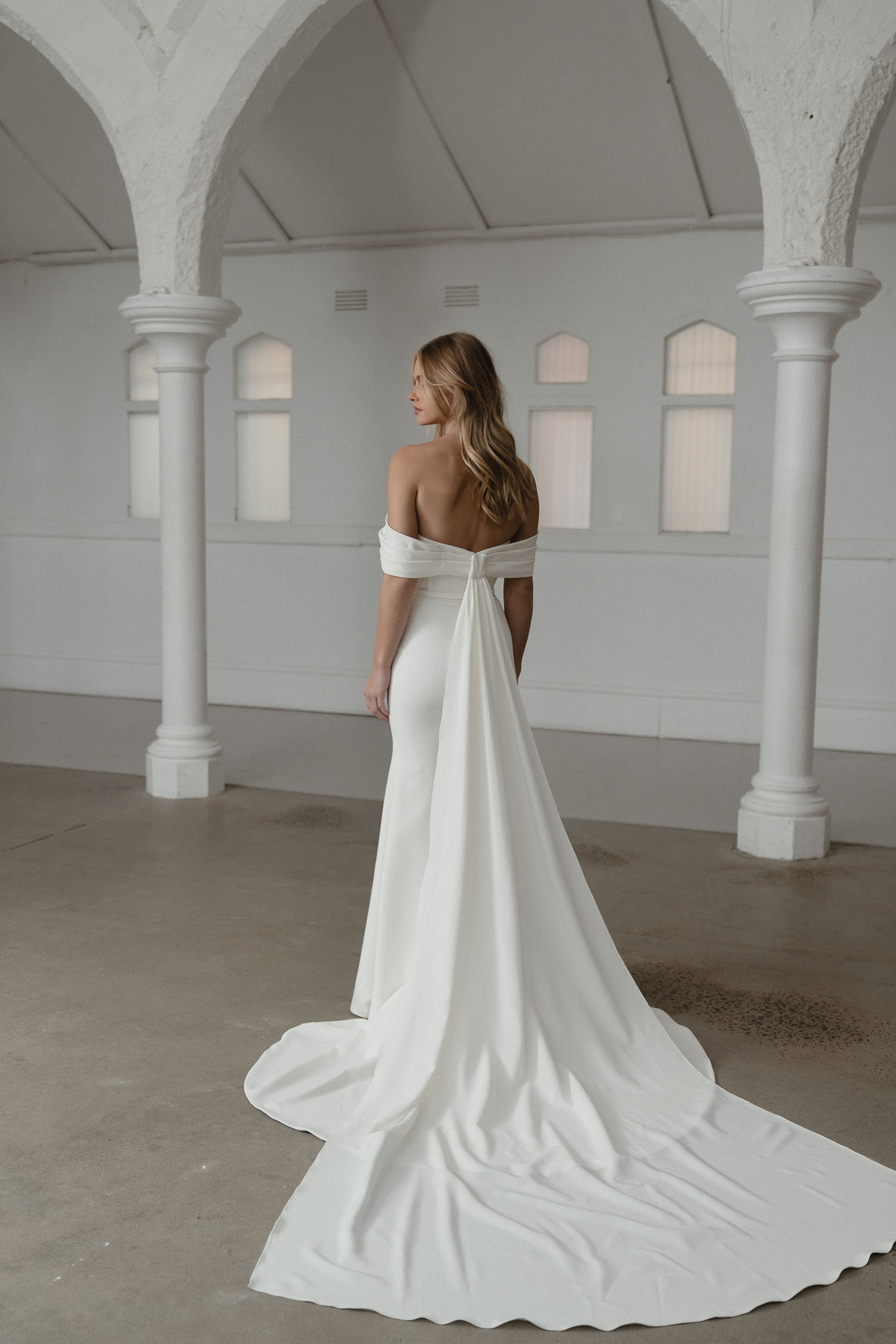 Soren Light Crepe Off the Shoulder Sleeves Fit and Flare Wedding Dress