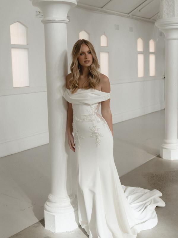 Steele Draped Cowl Neckline Fit and Flare Wedding Dress
