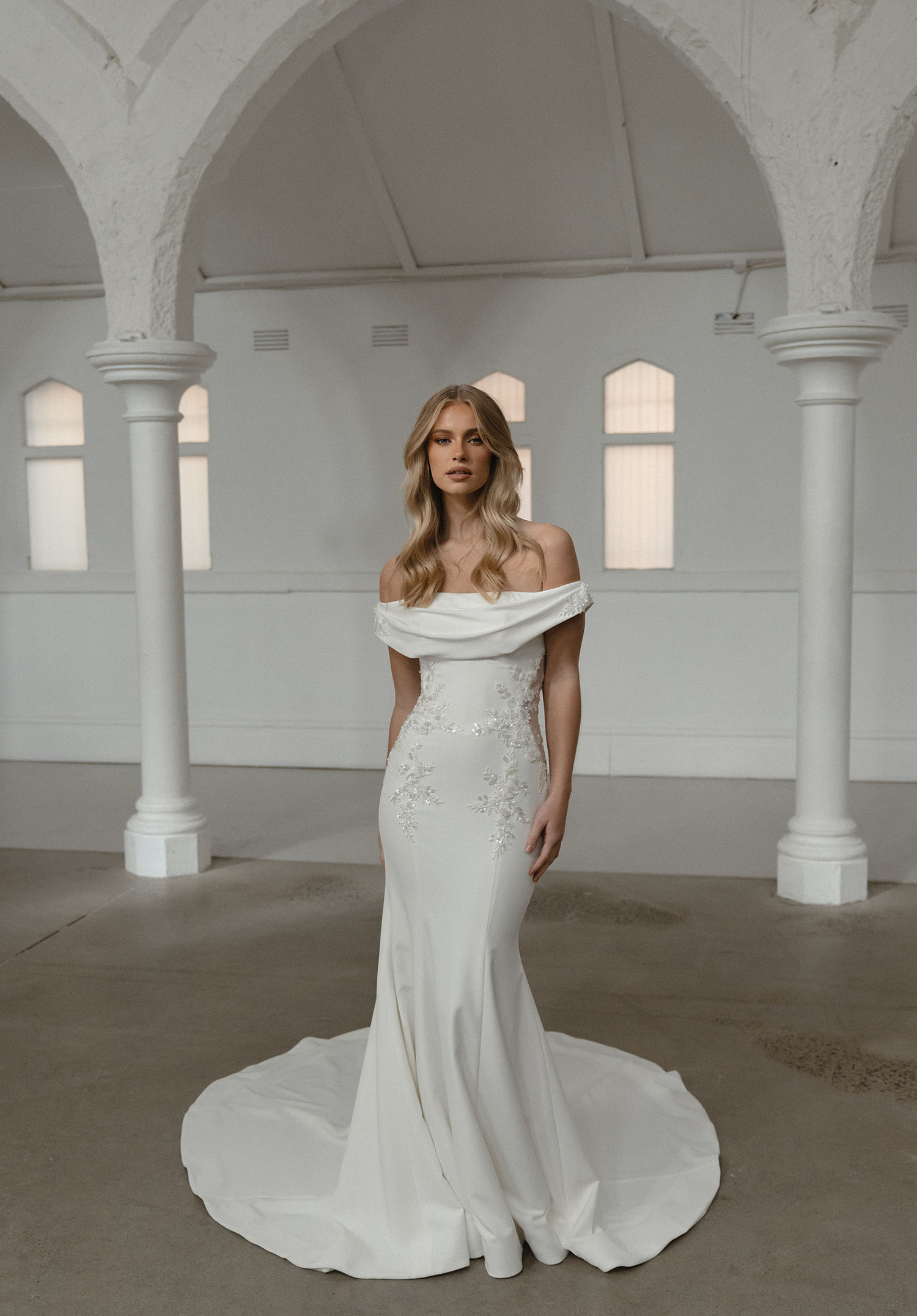 Steele Draped Cowl Neckline Fit and Flare Wedding Dress