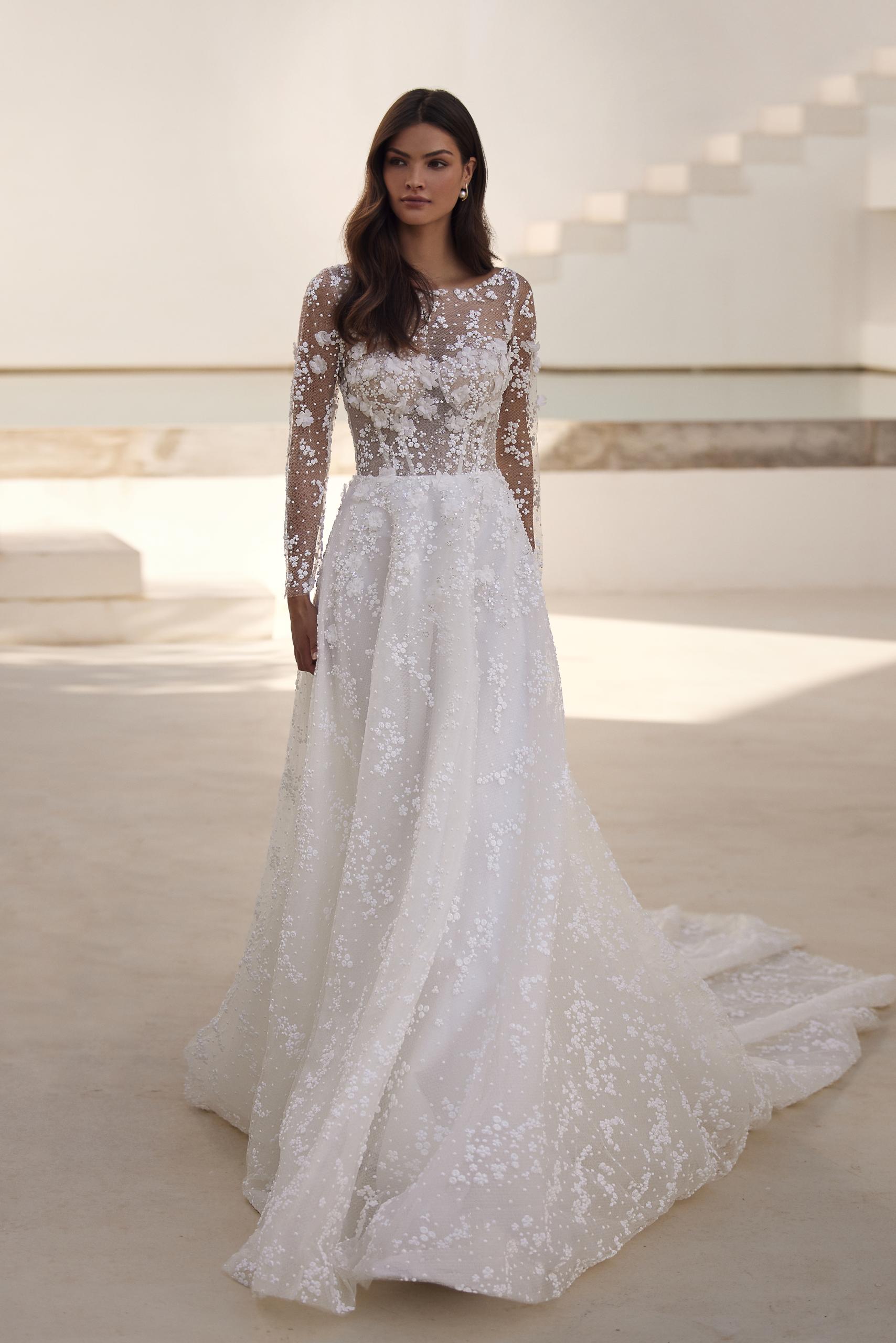 Ricca Floral Lace Long Sleeves A-Line Wedding Gown