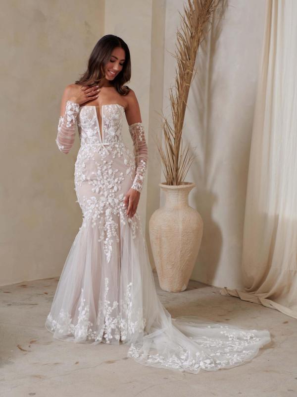 August Floral Lace Strapless Detachable Sleeves Fit and Flare Wedding Dress