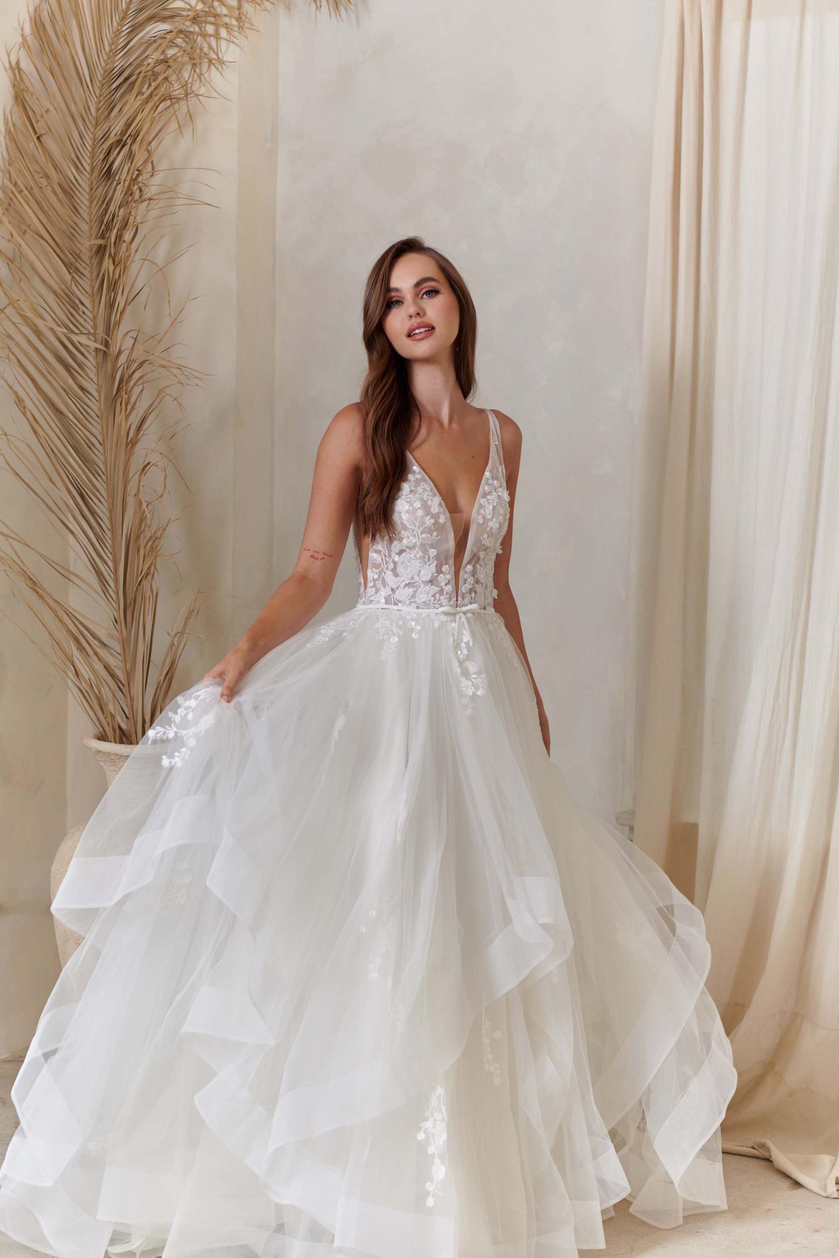 Colby Plunge Neckline Thin Shoulder Straps A-line Wedding Dress