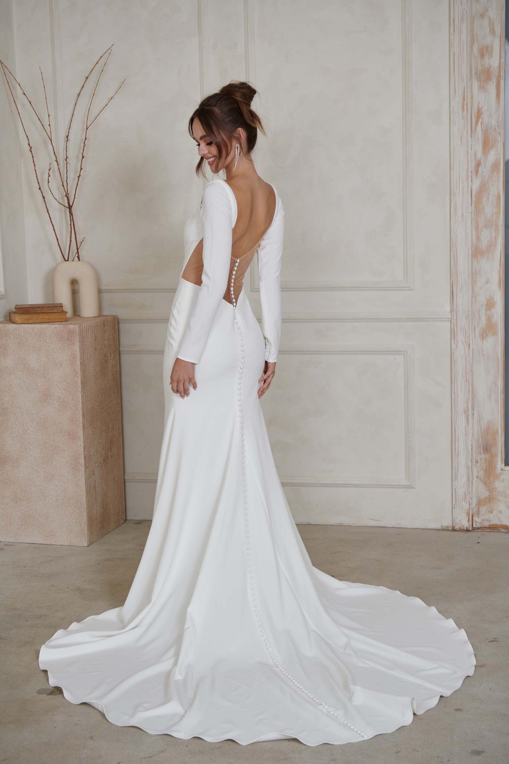 North Square Neck Detachable Long Sleeves Fit and Flare Wedding Dress