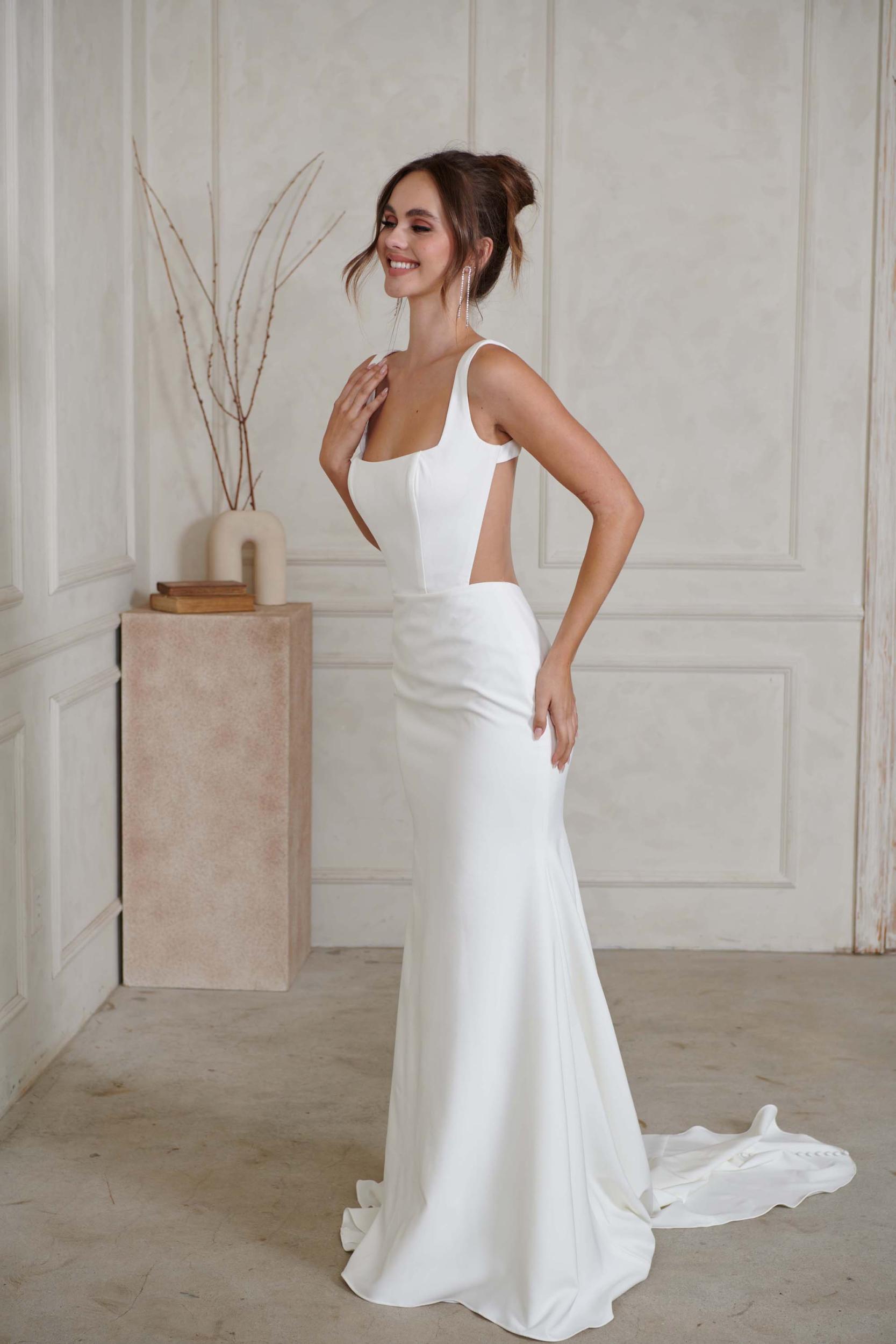 North Square Neck Thin Shoulder Strap Fit and Flare Wedding Dress