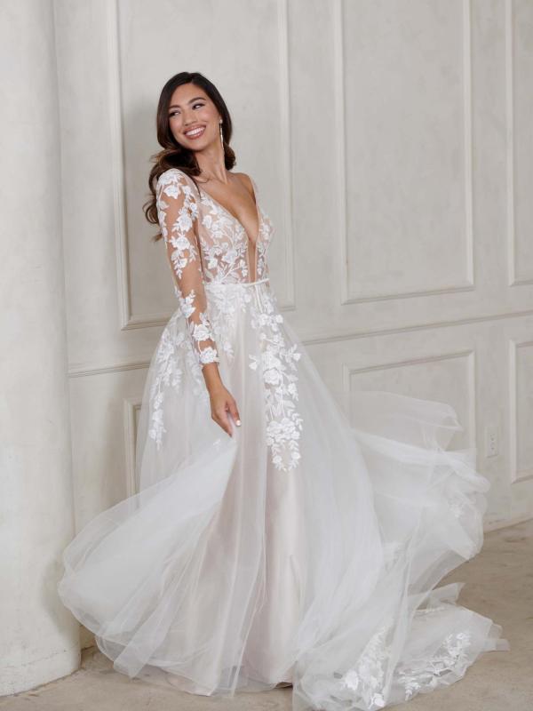 Wynn Deep V Neckline Botanical Lace A-Line Wedding Dress