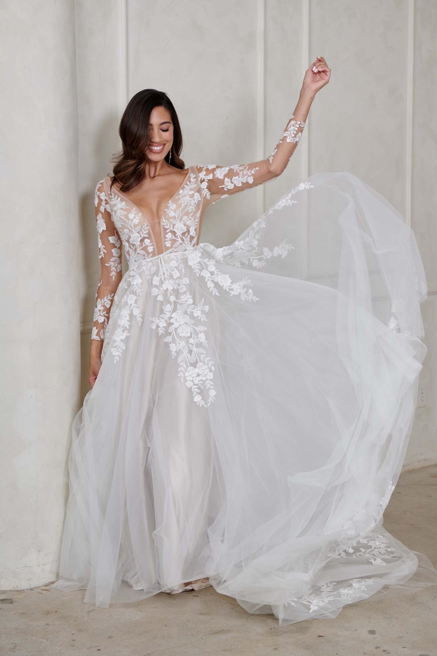 Wynn Deep V Neckline Botanical Lace A-Line Wedding Dress