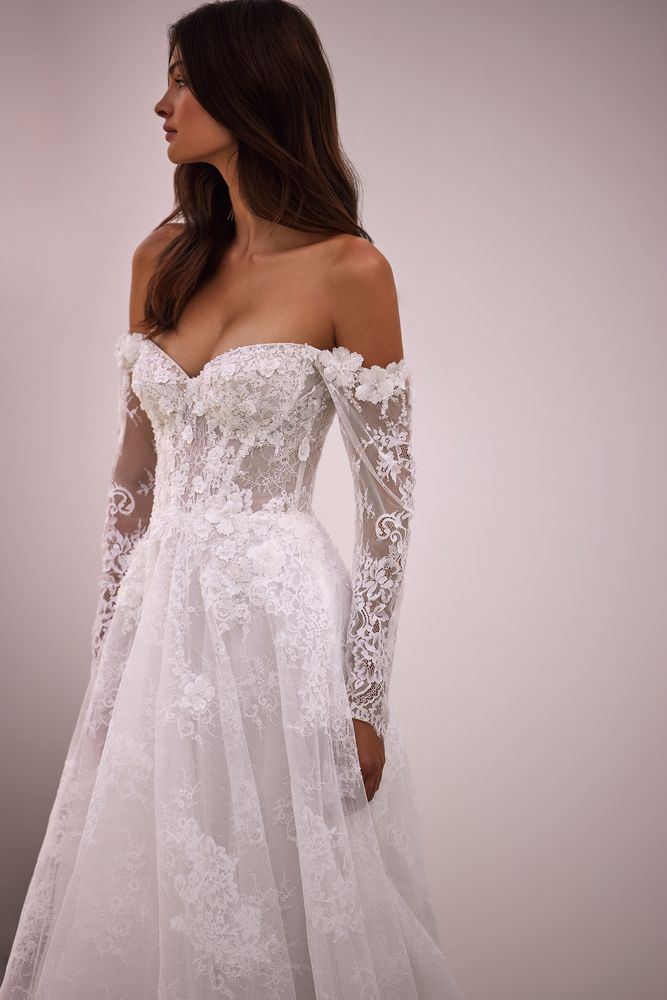 Valencia Off The Shoulder Floral Lace long Sleeve A-Line Wedding Dress
